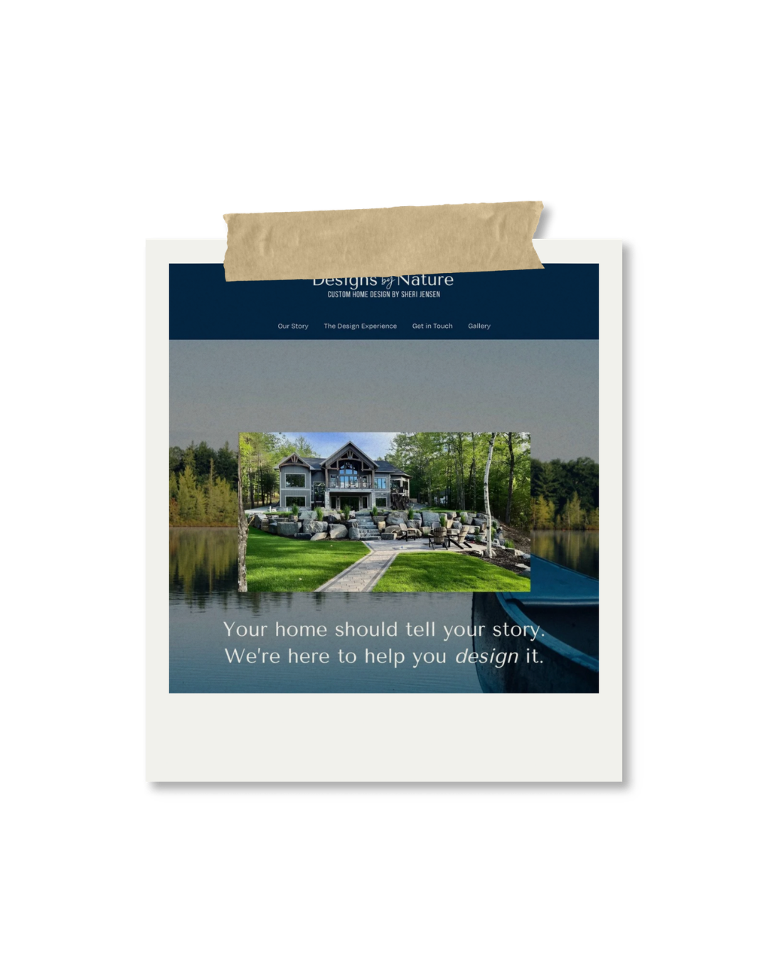 A computer monitor displaying a website for custom home design with an image of a modern house and a pond, with a piece of tape across the top attaching a dark blue header.