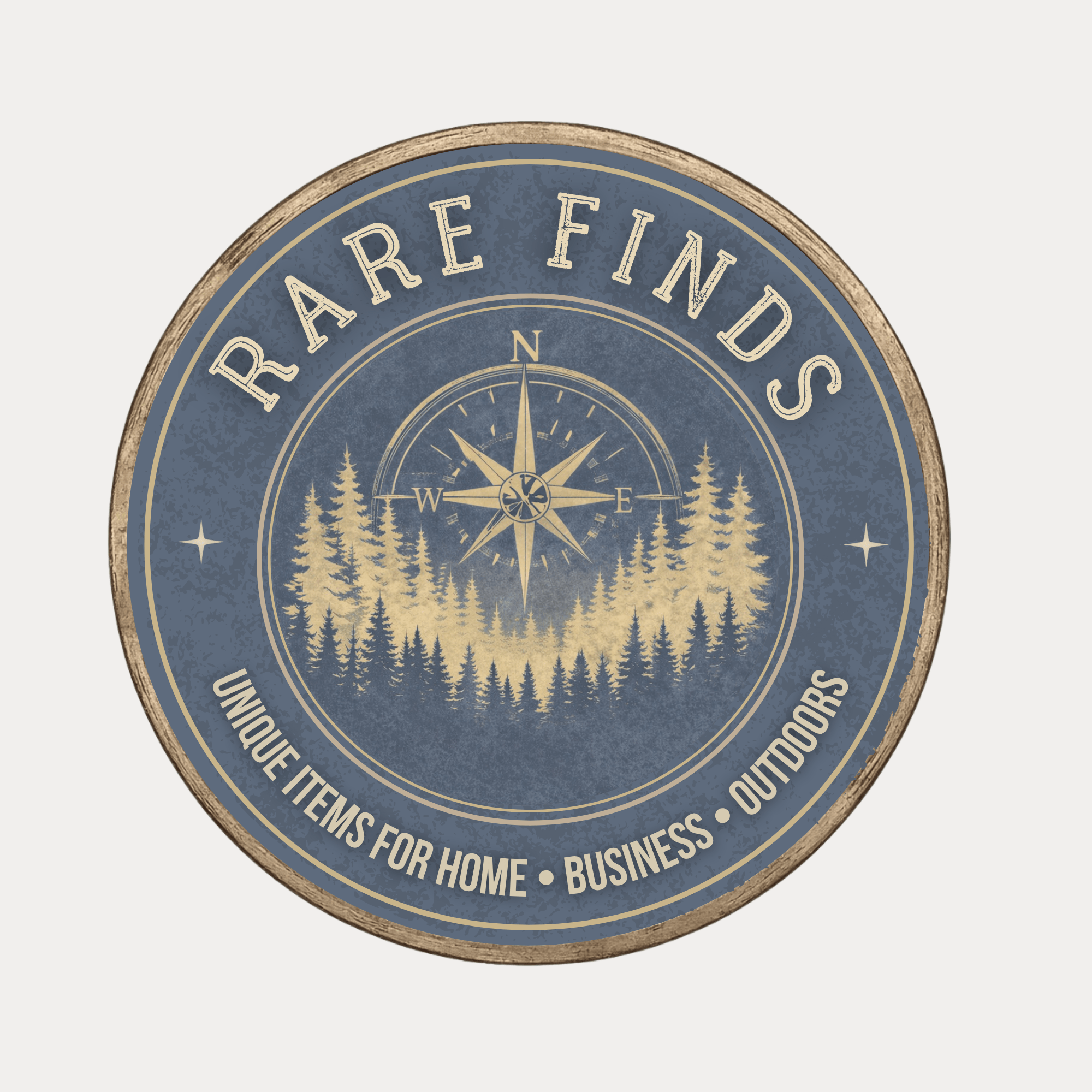 A round decorative sign with a forest scene featuring pine trees and a compass in the center, with the text 'RARE FINDS' at the top and 'UNIQUE ITEMS FOR HOME, BUSINESS, OUTDOORS' at the bottom.