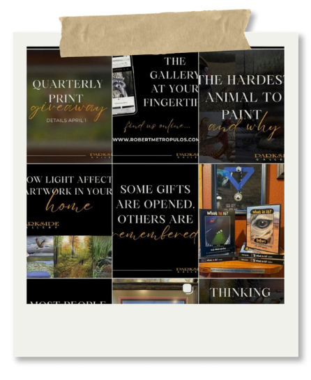 A digital tablet displaying a collage of nine different screens, including advertisements, book covers, and artwork related to art, gifts, and galleries.