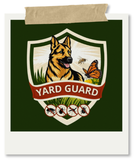 Yard guard sign with a shield featuring a German Shepherd dog, bees, a butterfly, and insect icons crossed out.