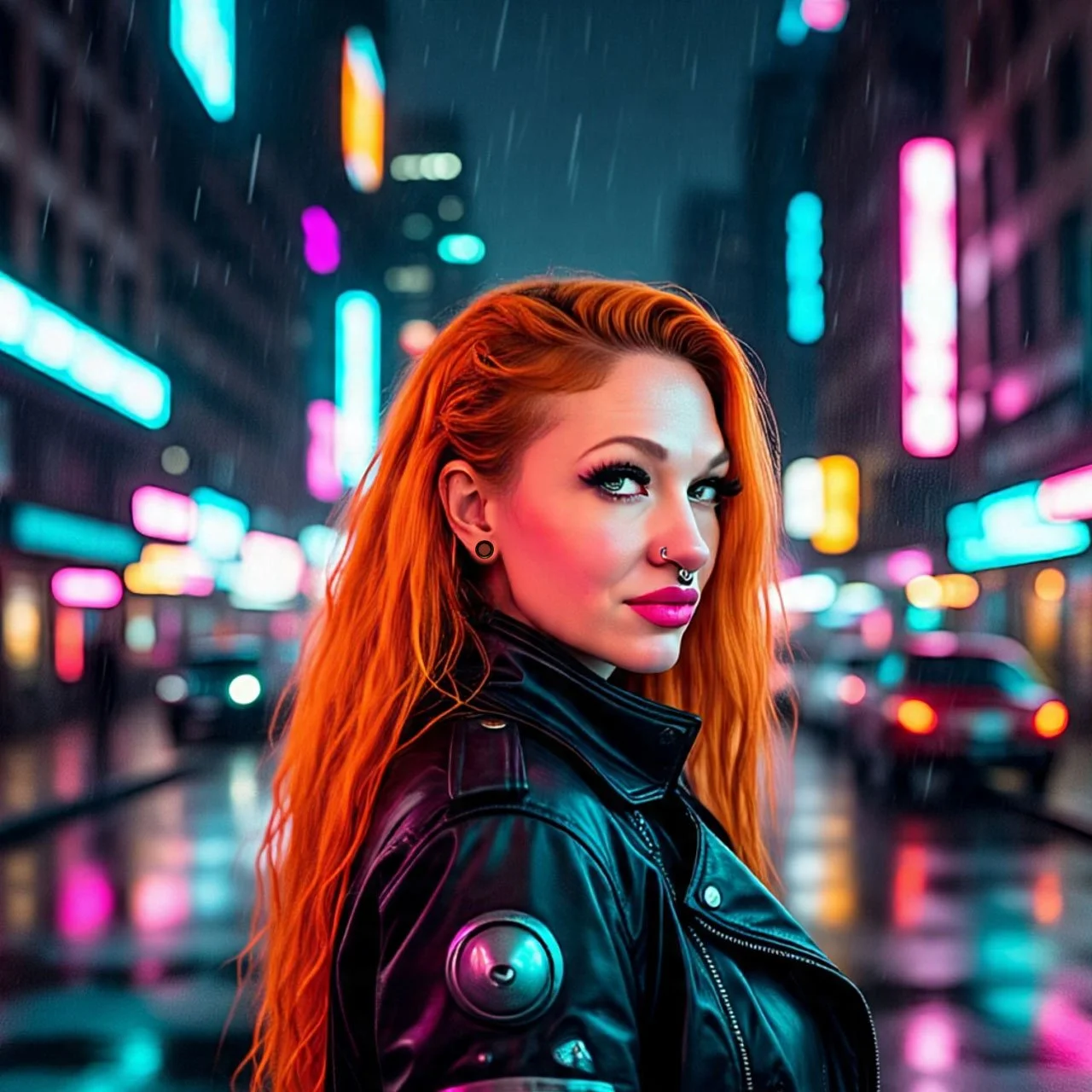 A woman with vibrant red hair and bright pink lipstick standing in a rain-soaked city street at night illuminated by colorful neon lights.