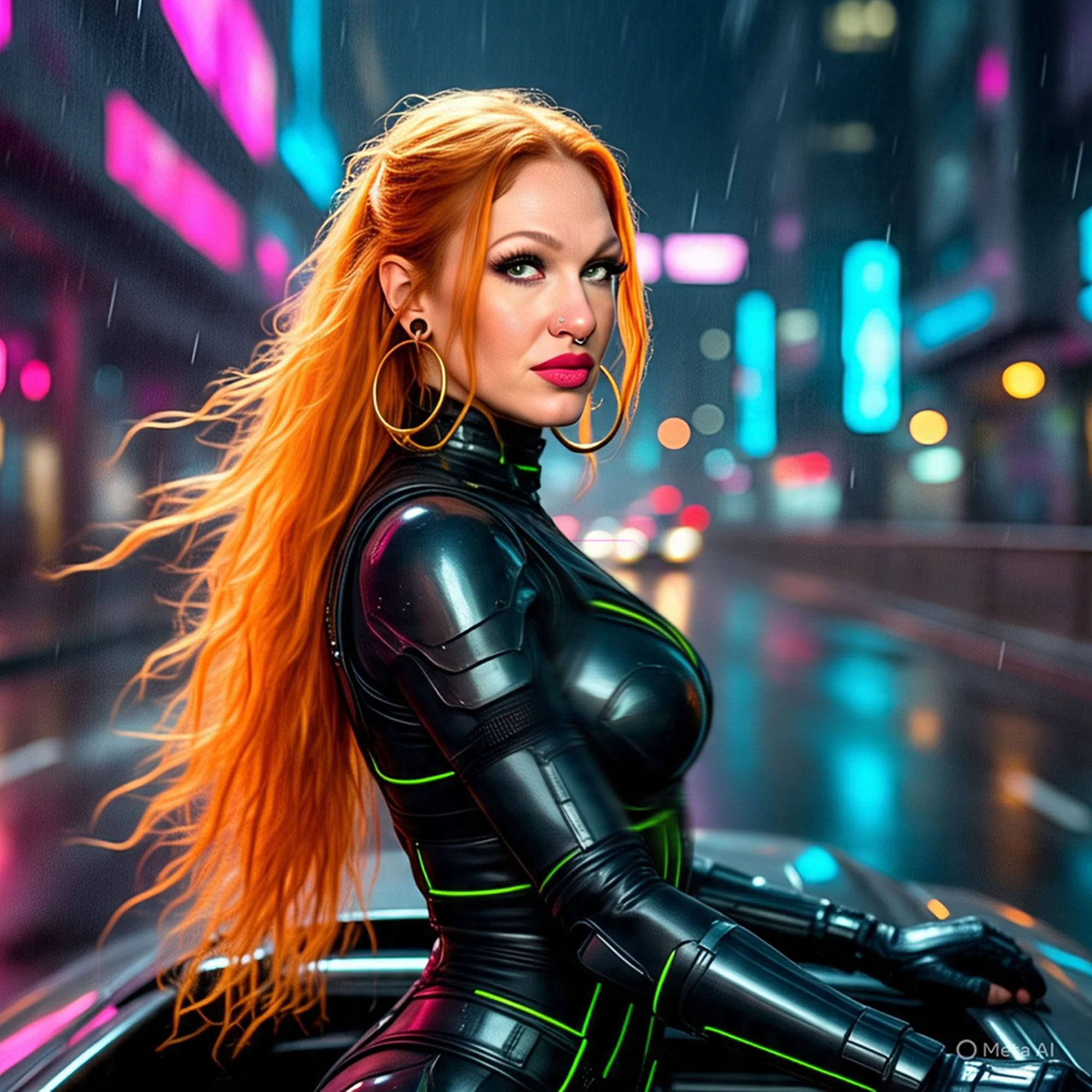 A  beautiful woman (the house artist ODETTE) with long orange hair and large hoop earrings wearing a futuristic black and green bodysuit, standing in a neon-lit citystreet at night.