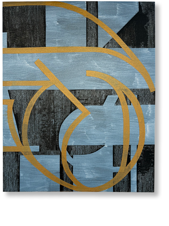 Abstract artwork featuring geometric shapes and lines in black, gray, blue, and gold.