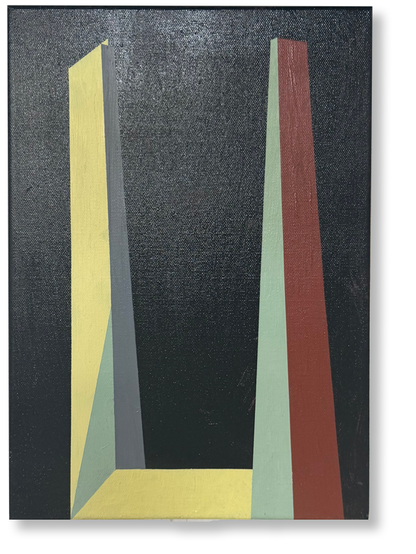 Abstract painting with geometric shapes in yellow, gray, green, and red on a black background.