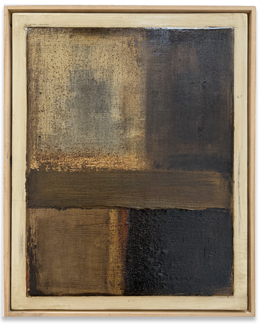 Callum Pankhurst - Abstract painting with four quadrants in earthy tones within a wooden frame.