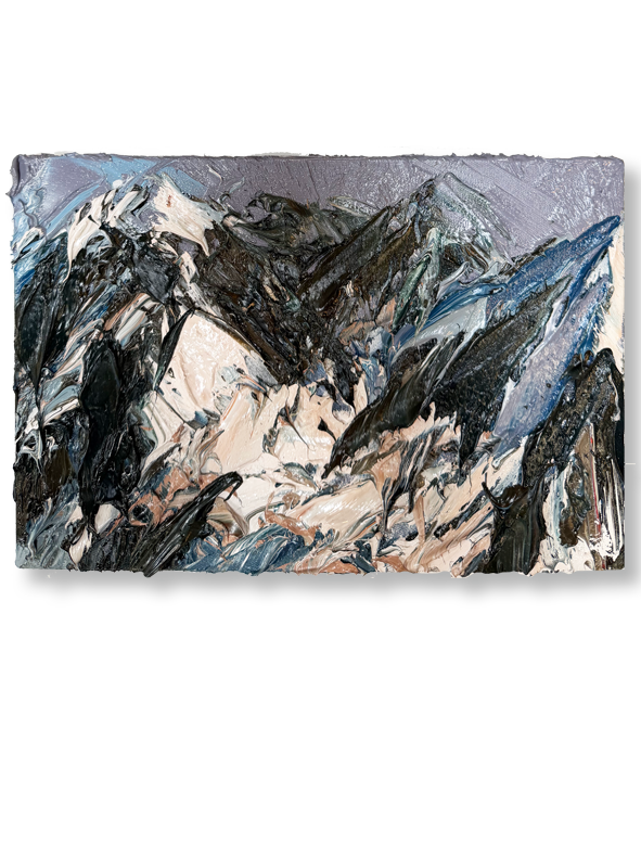 Abstract painting of a mountain landscape with dark, white, blue, and gray colors.
