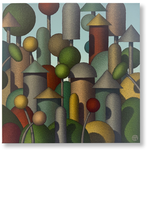 Abstract painting of a whimsical cityscape with colorful geometric trees, houses, and buildings in various shapes and sizes.