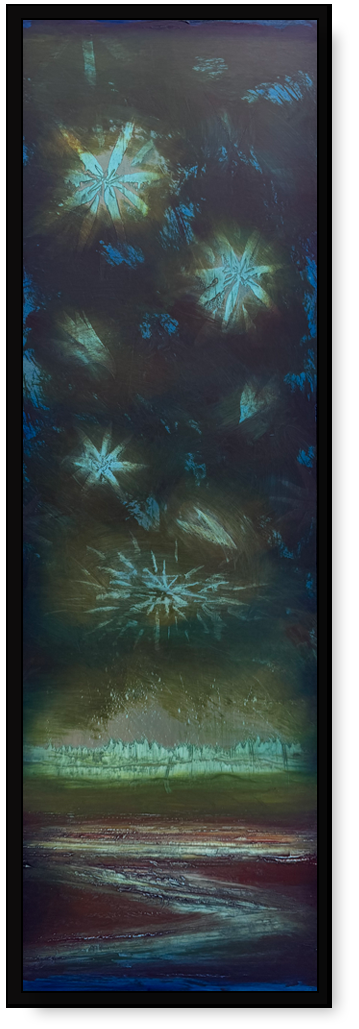 Abstract painting with star-like shapes in the sky and a landscape below, blending dark blue, green, and red hues.
