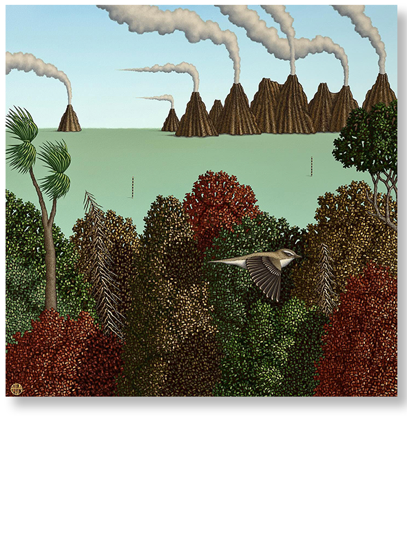 A landscape with a forest in the foreground, colorful trees, and a bird flying, with mountains in the background releasing smoke and ash.