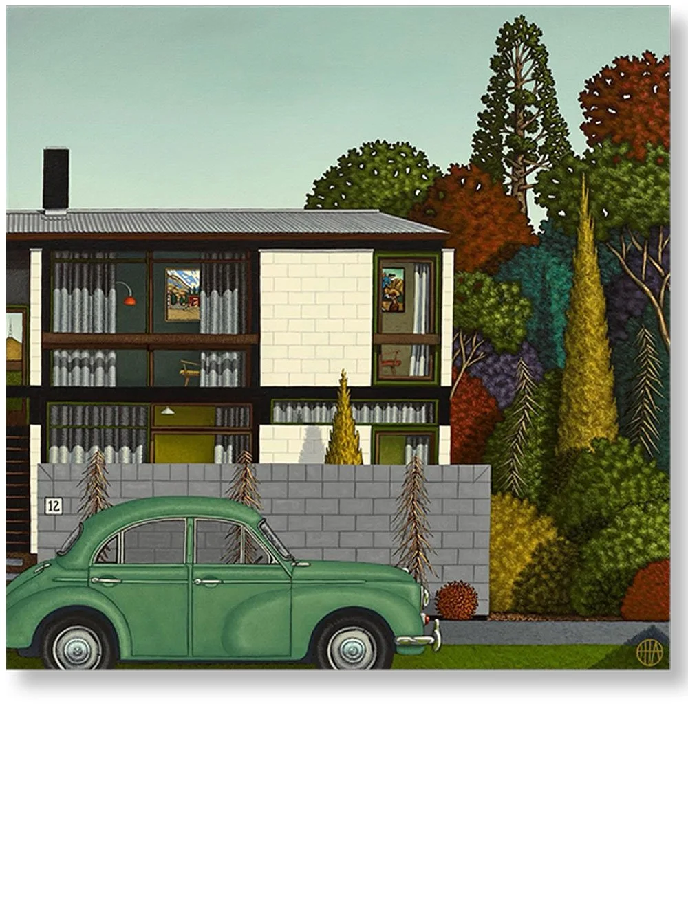 A house with large windows, surrounded by trees with autumn foliage, and a vintage green car parked in front.