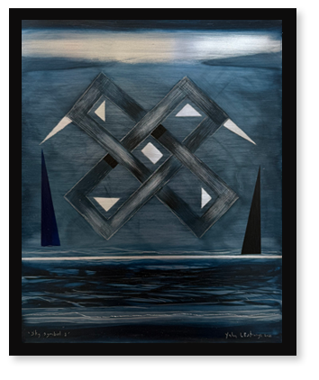 Abstract painting with geometric shapes, including interconnected diamond-like forms, against a dark blue and black background with water-like patterns and triangular elements.