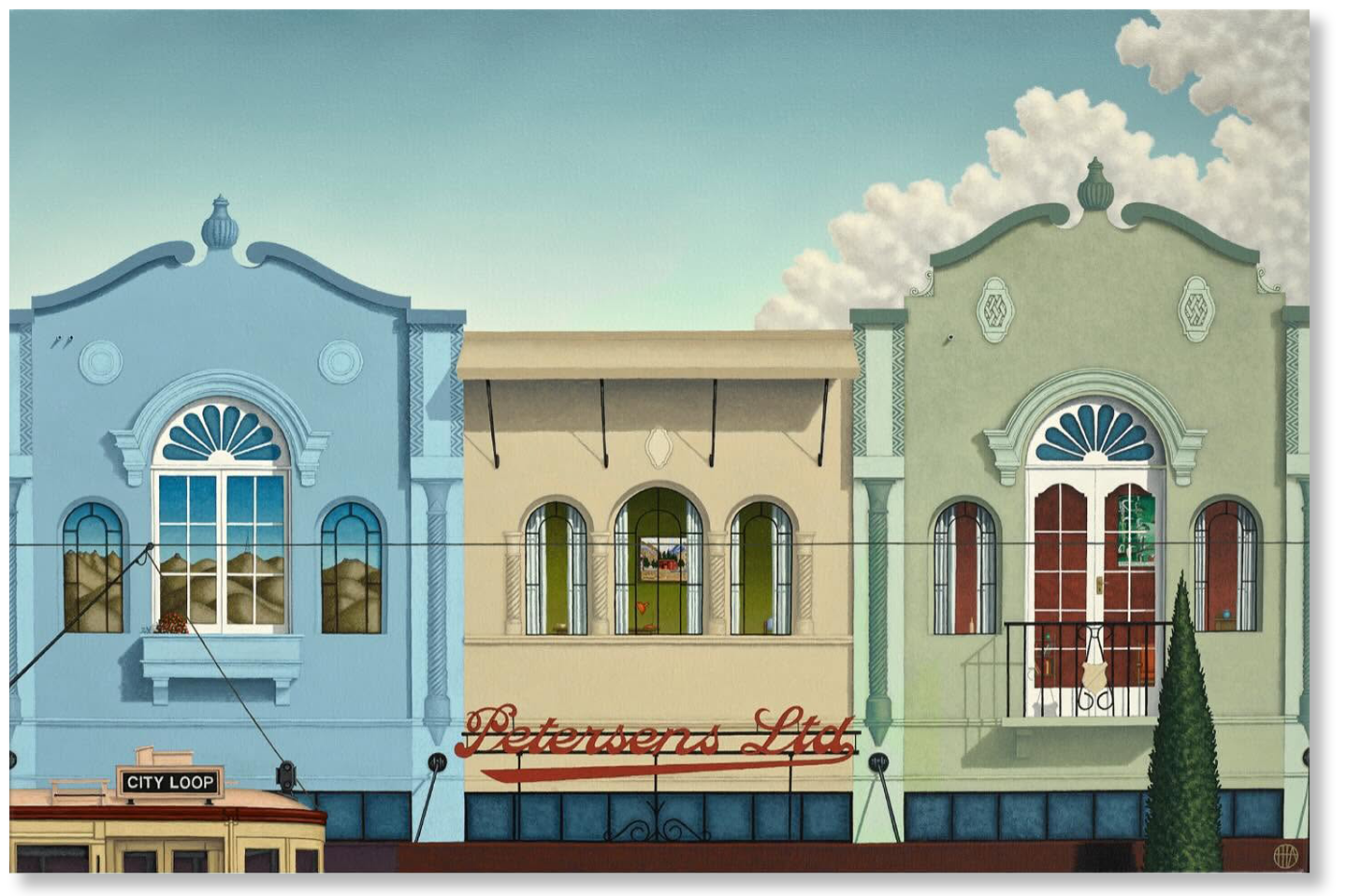 A cityscape with three colorful buildings in pastel shades, a trolley labeled 'City Loop', and a clear sky with some clouds.