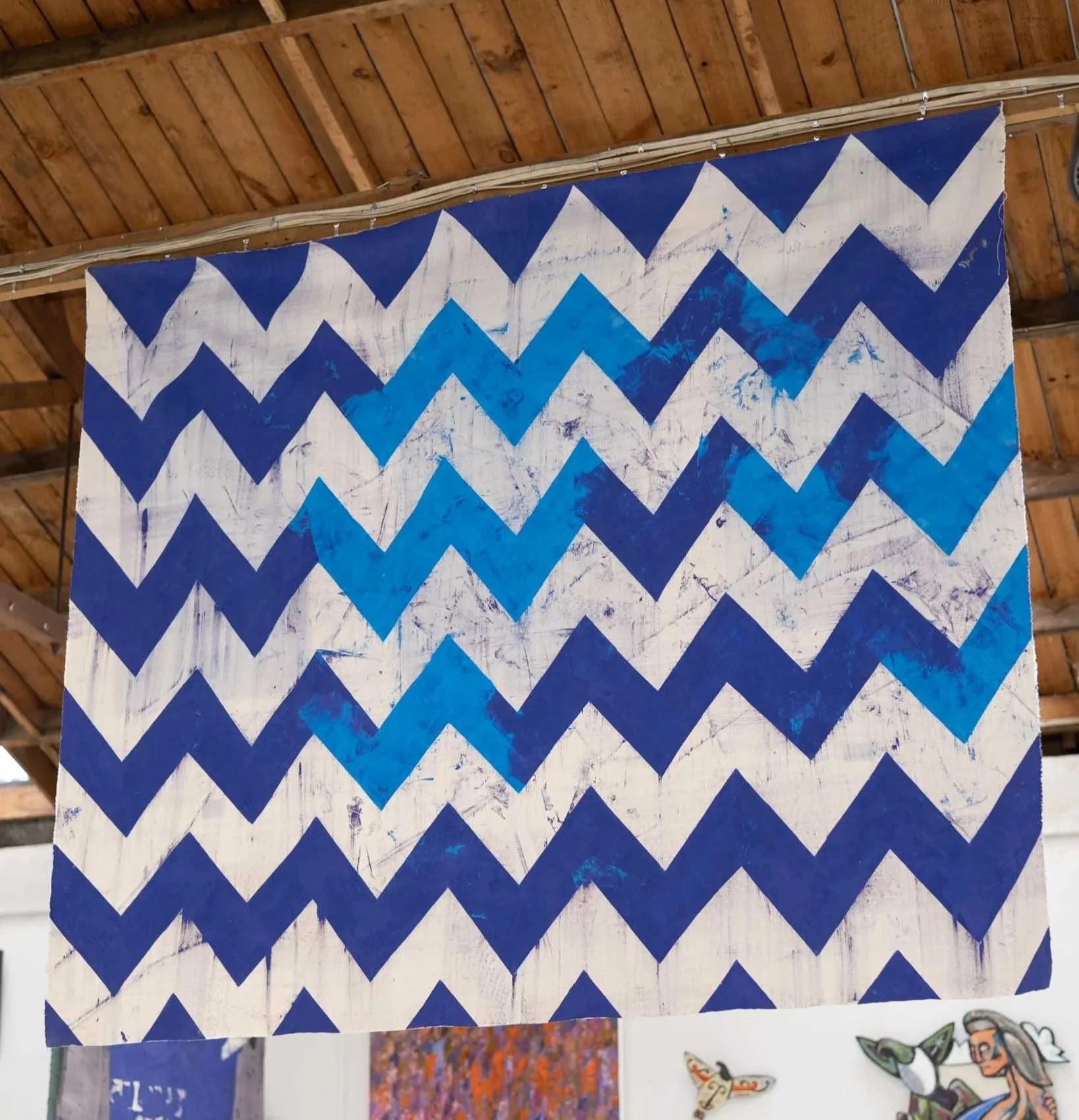 Phillip Trustum - Blue and white zigzag patterned  on unstretched canvas