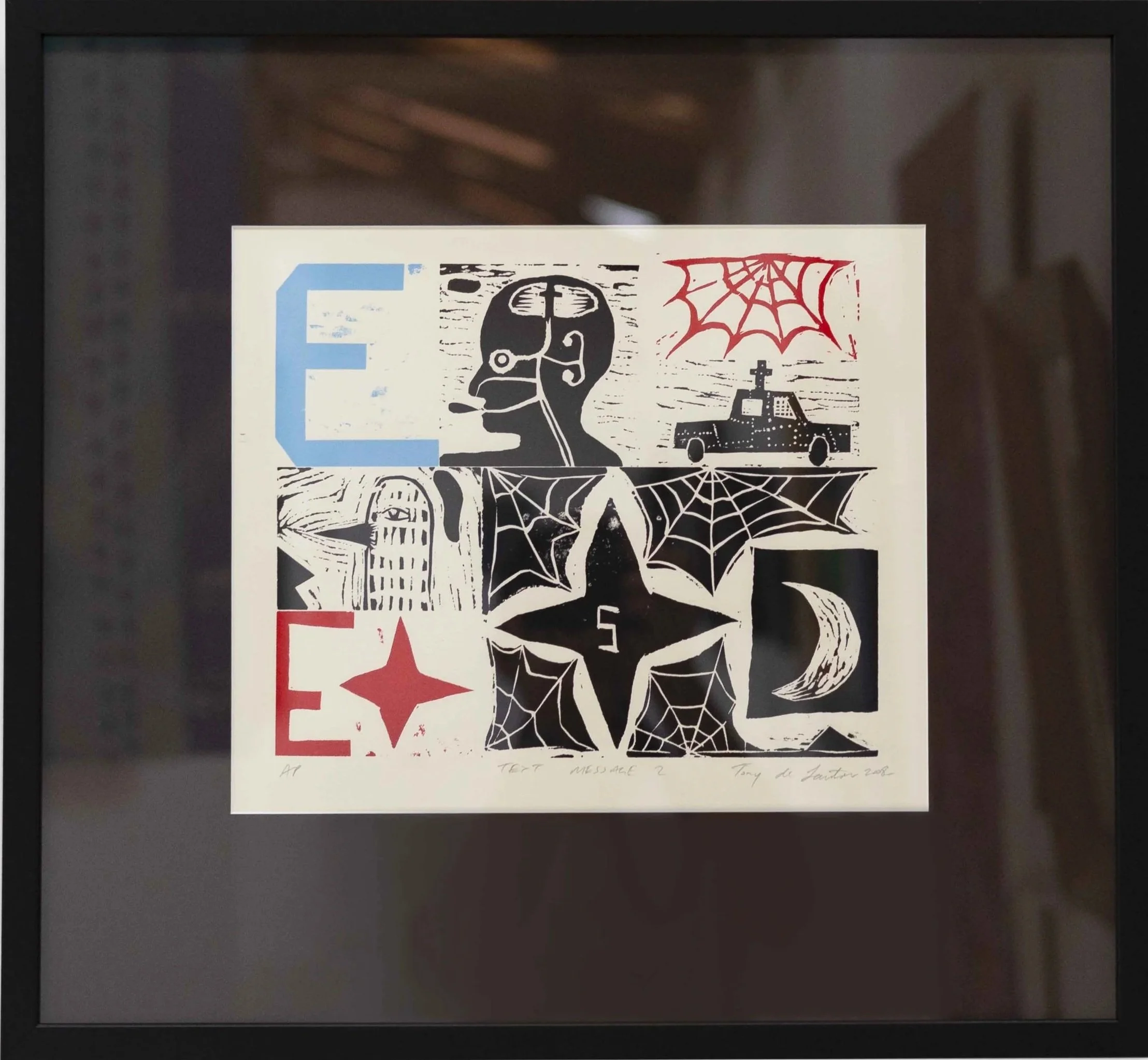 Black and white artwork featuring a silhouette of a person with headphones, a spider web, and a cityscape. Includes text and artistic elements in a collage style.