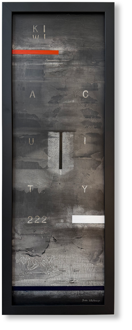 Abstract black and gray framed artwork with etched letters spelling 'KIWI' near the top, a red horizontal bar, the letters 'A', 'C', 'U', 'I', 'T', 'Y' spread across, the number '222', and various textured geometric shapes and lines throughout.