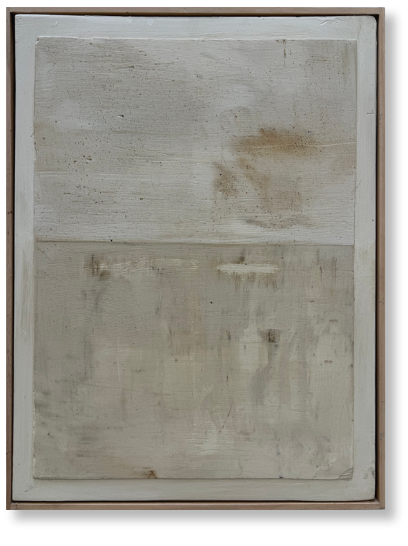 Callum Pankhurst - A white wooden board with visible stains and distress marks, framed with a darker border.