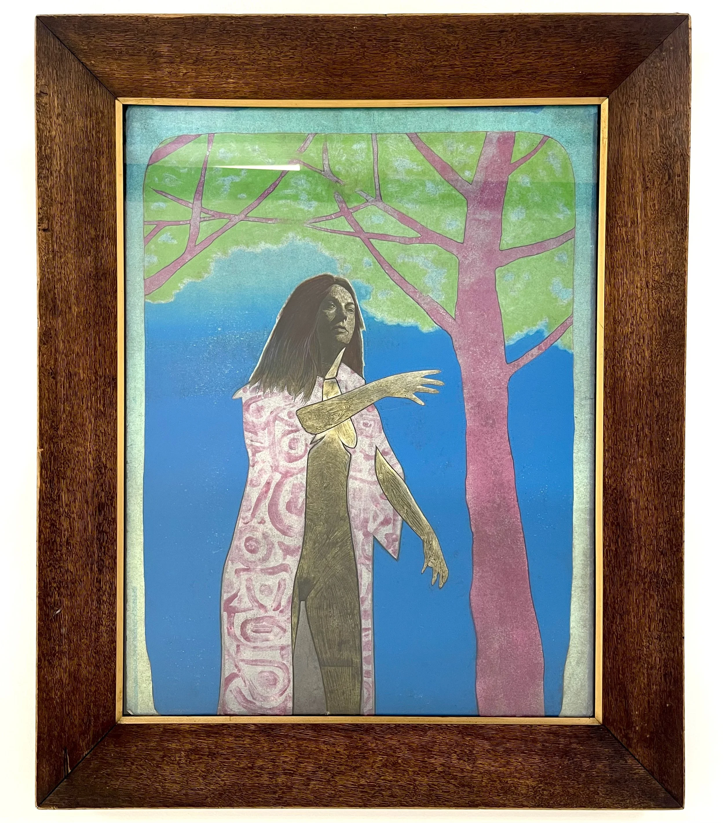 Framed artwork depicting a woman with long hair in front of a background with a large pink tree and green and blue sky.