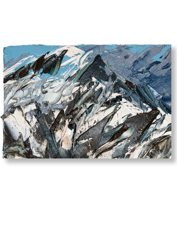 Abstract painting of mountain peaks with snow, in shades of blue, gray, black, and white.