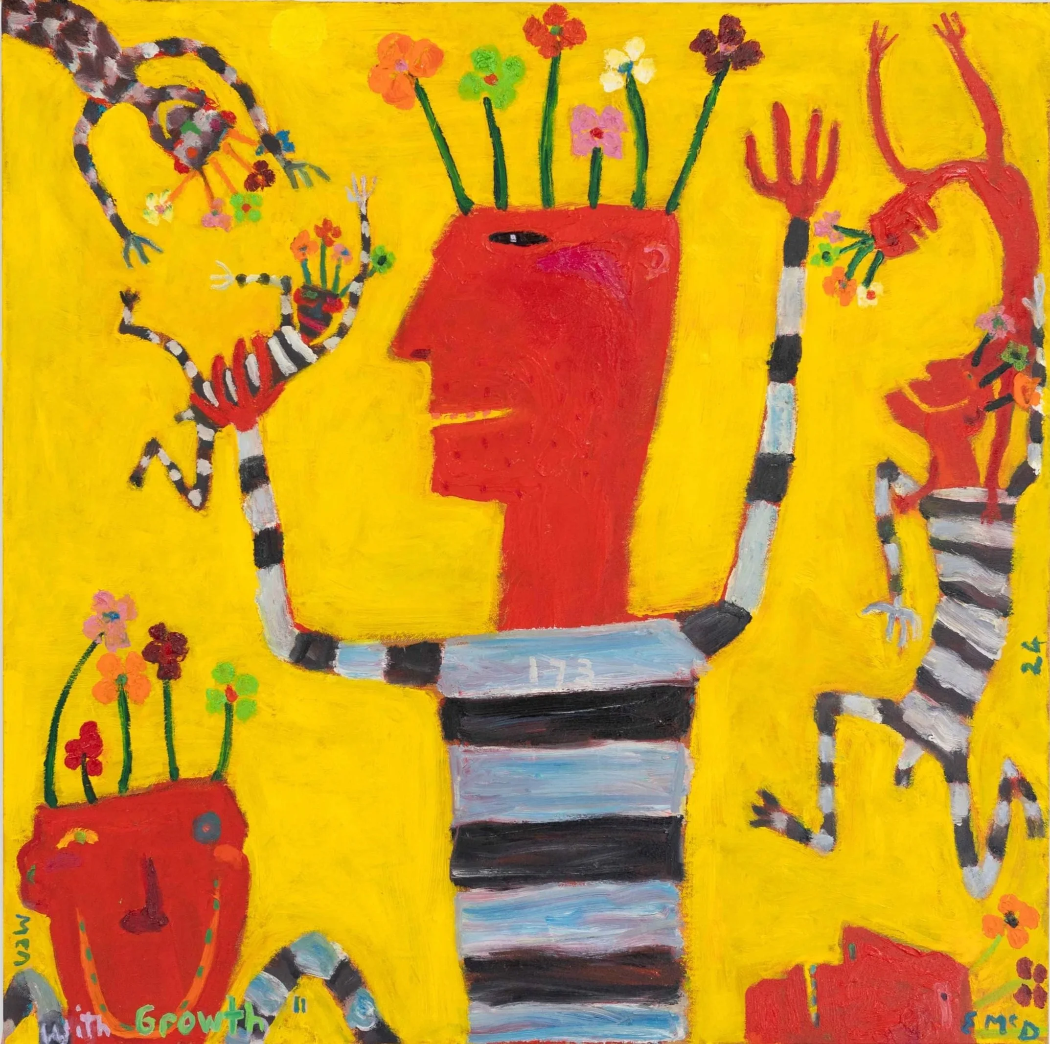 Abstract colorful painting with a yellow background, featuring a red vase with flowers, striped figures, and various words including 'growth' and 'maturity'.