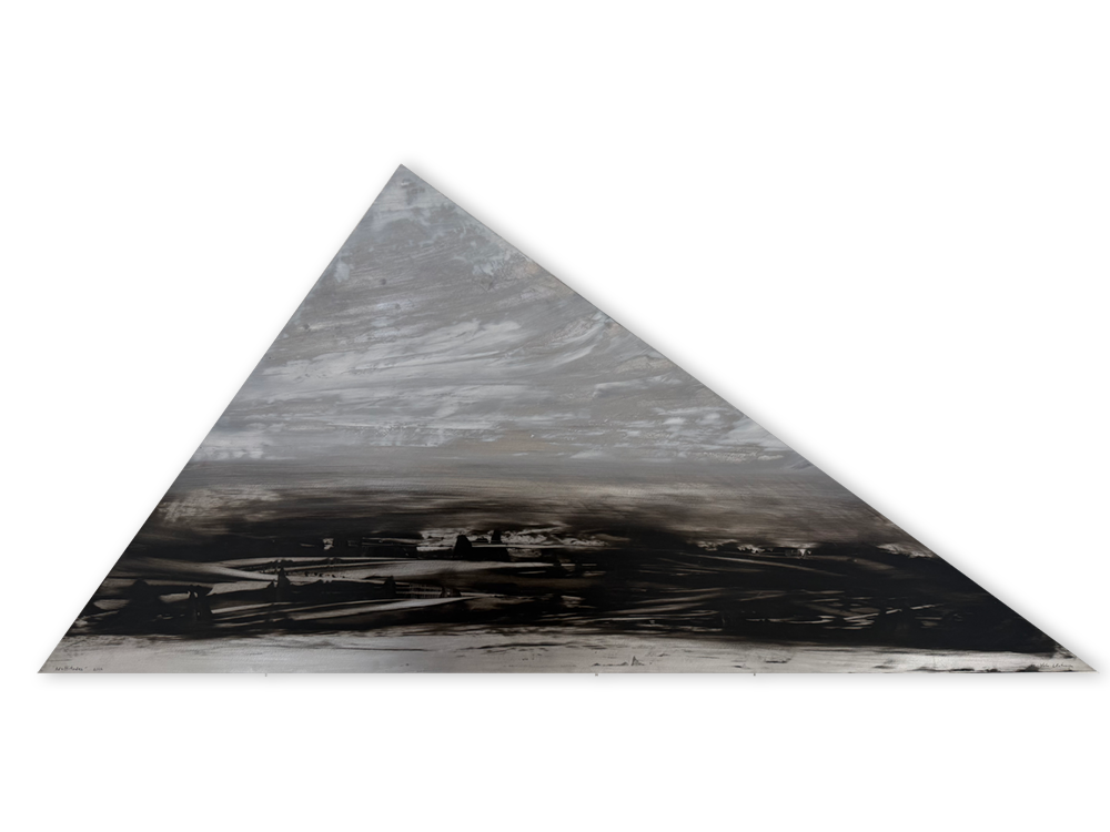 Abstract black, white, and gray artwork with a red line at the top, featuring a triangular shape with a textured surface and dark streaks.