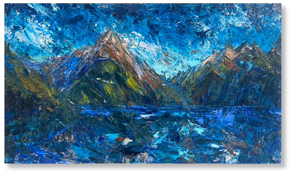 Oil painting of a mountain landscape with tall peaks, a river or fjord in the foreground, and a blue sky with swirling clouds.