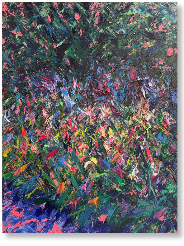 Abstract painting of dense green foliage with hints of bright pink, red, yellow, and purple highlights.