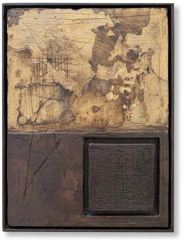 Callum Pankhurst - Abstract artwork with weathered wood textures, dark scratches, and a mix of peeling paint in beige, brown, and black, featuring a prominent square element at the bottom.