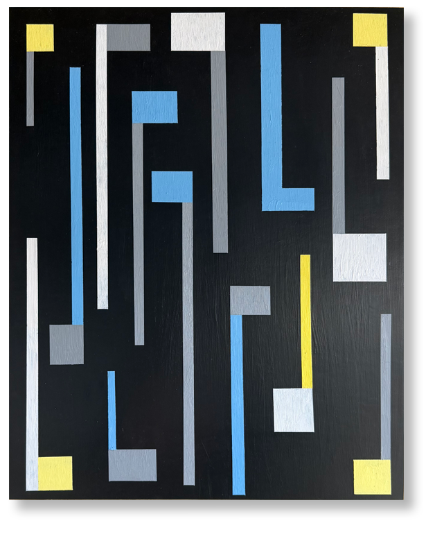 Abstract geometric artwork with vertical and horizontal rectangular shapes in yellow, gray, white, and blue on a black background.