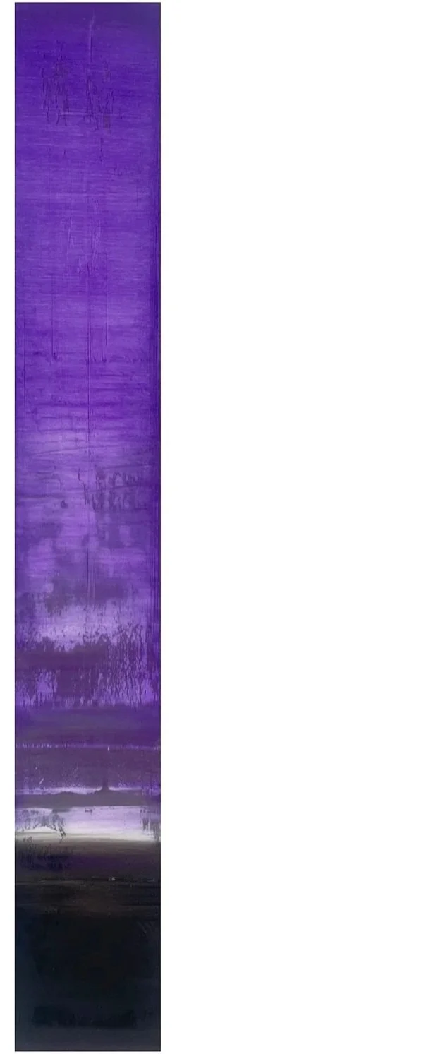 Abstract vertical artwork with shades of purple, violet, and black by Yahn LEstrange