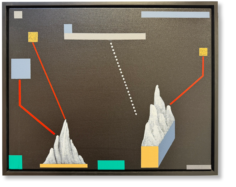 A pinball machine playfield with two mountain-shaped targets, colored in white and gray, with red sliding bars on top. There are various colored blocks, including yellow and teal, positioned on the playfield, with dotted and solid lines indicating paths or shots.