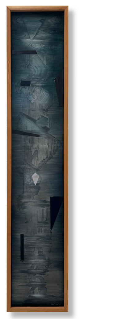 Vertical artwork with abstract geometric shapes and brushstrokes in shades of blue and black, framed in wood.