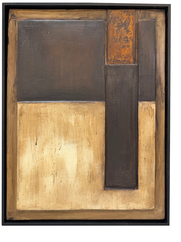 Callum Pankhurst - Abstract geometric painting with large dark gray and beige blocks, smaller rust-colored accent, and layered black frame.