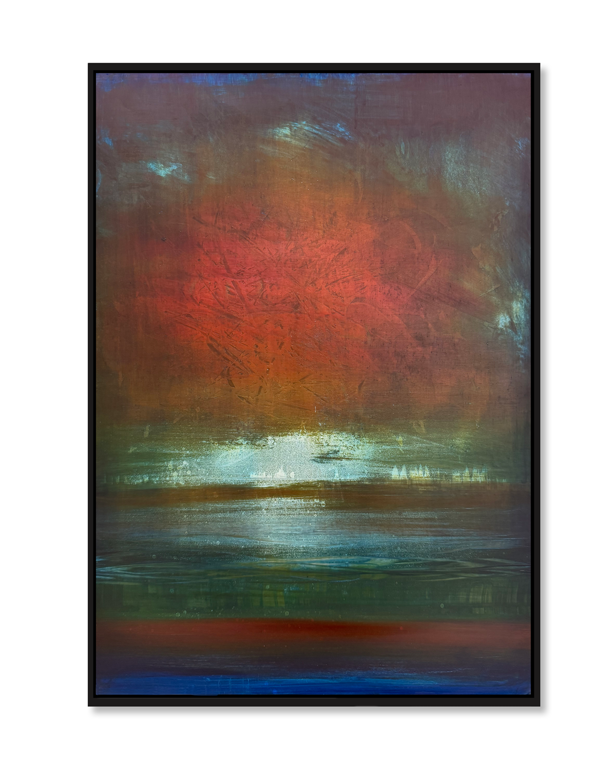 Abstract painting with a large reddish-orange circular form at the center, surrounded by green, blue, and purple hues, resembling a sunset over water.