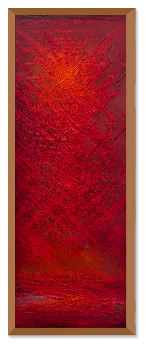 Abstract red and orange textured painting with geometric and organic patterns.