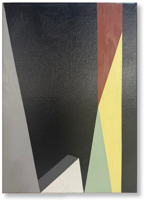 Abstract geometric painting with black, red, yellow, green, gray, and white triangles and trapezoids.