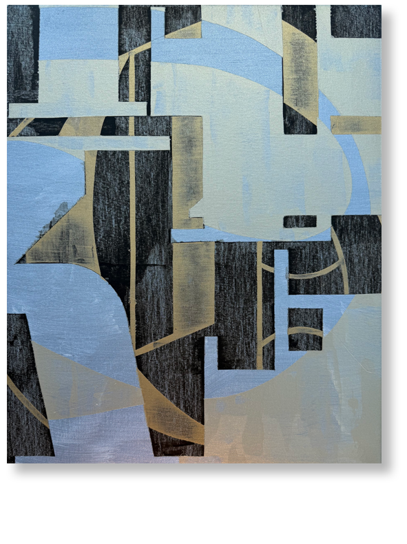Abstract geometric painting with overlapping shapes in shades of blue, black, beige, and gray.