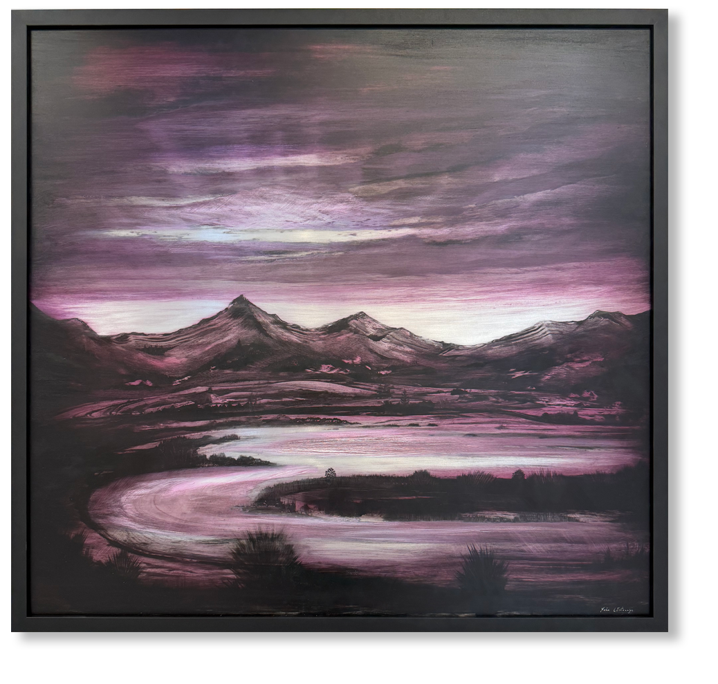 A landscape painting of mountains, a river, and a cloudy sky in shades of purple, pink, and black.