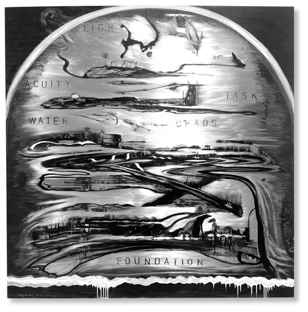 An abstract illustration representing the stages of development with sections labeled 'Foundation,' 'Water,' 'Acuity,' 'Light,' 'Chaos,' 'Task,' and 'Shadows,' featuring various intertwined shapes, lines, and depictions of animals like a lion and a dinosaur.