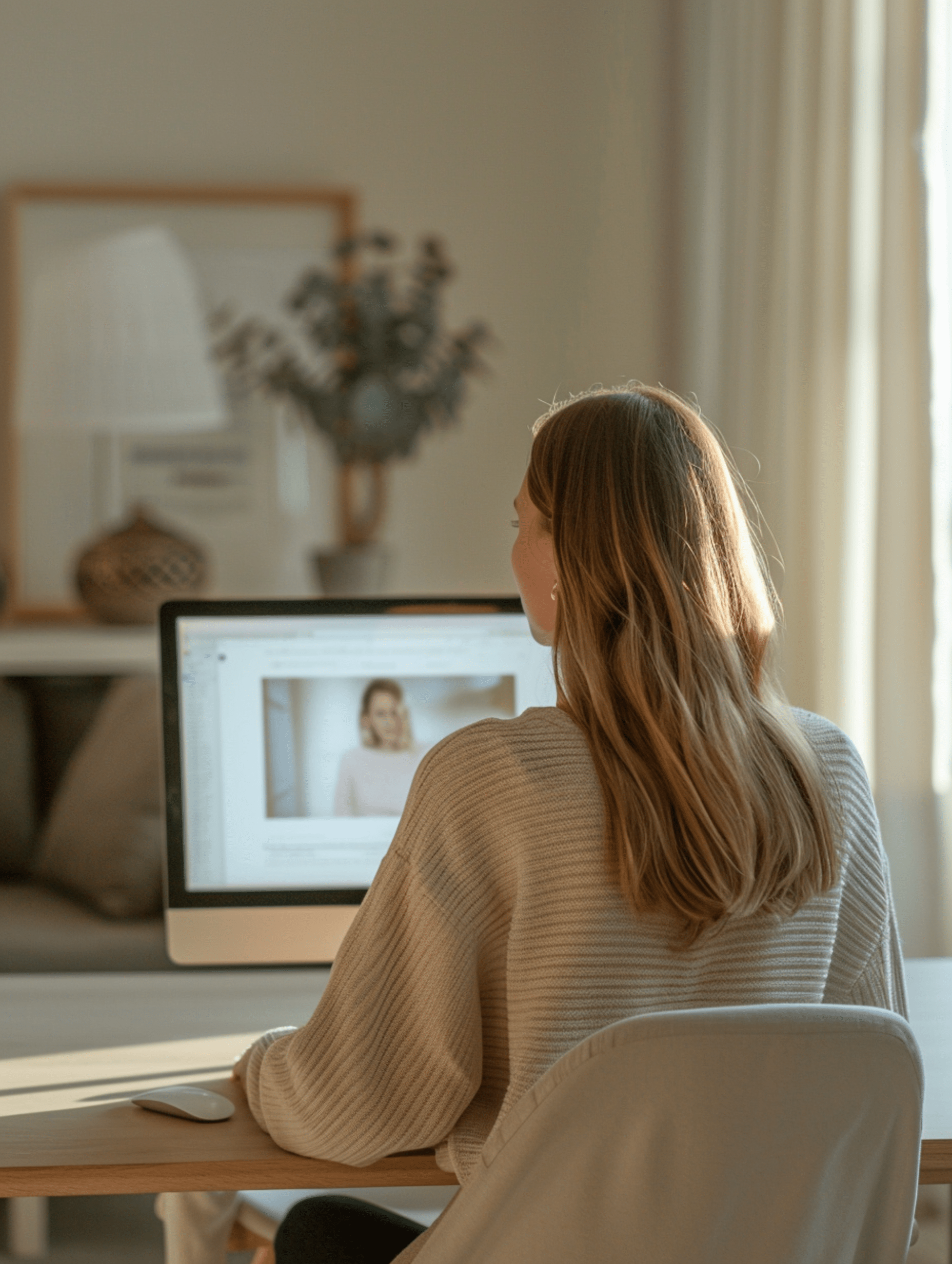 A woman with shoulder-length hair wearing a beige sweater sitting at a desk, looking at a computer screen with a blurred image of another woman on it, in a well-lit room with curtains and decor in the background.