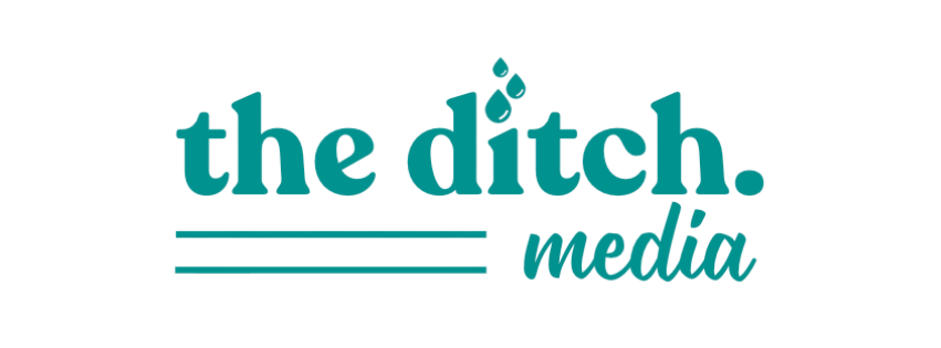 Logo for The Ditch Media with teal text and lines on a white background.