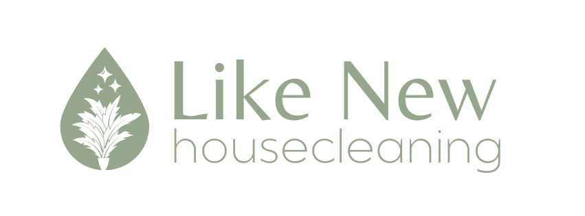 Logo for 'Like New Housecleaning' featuring a green water droplet with a plant inside and star accents.