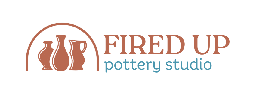 Logo for Fired Up Pottery Studio featuring three pottery vases inside an arch.