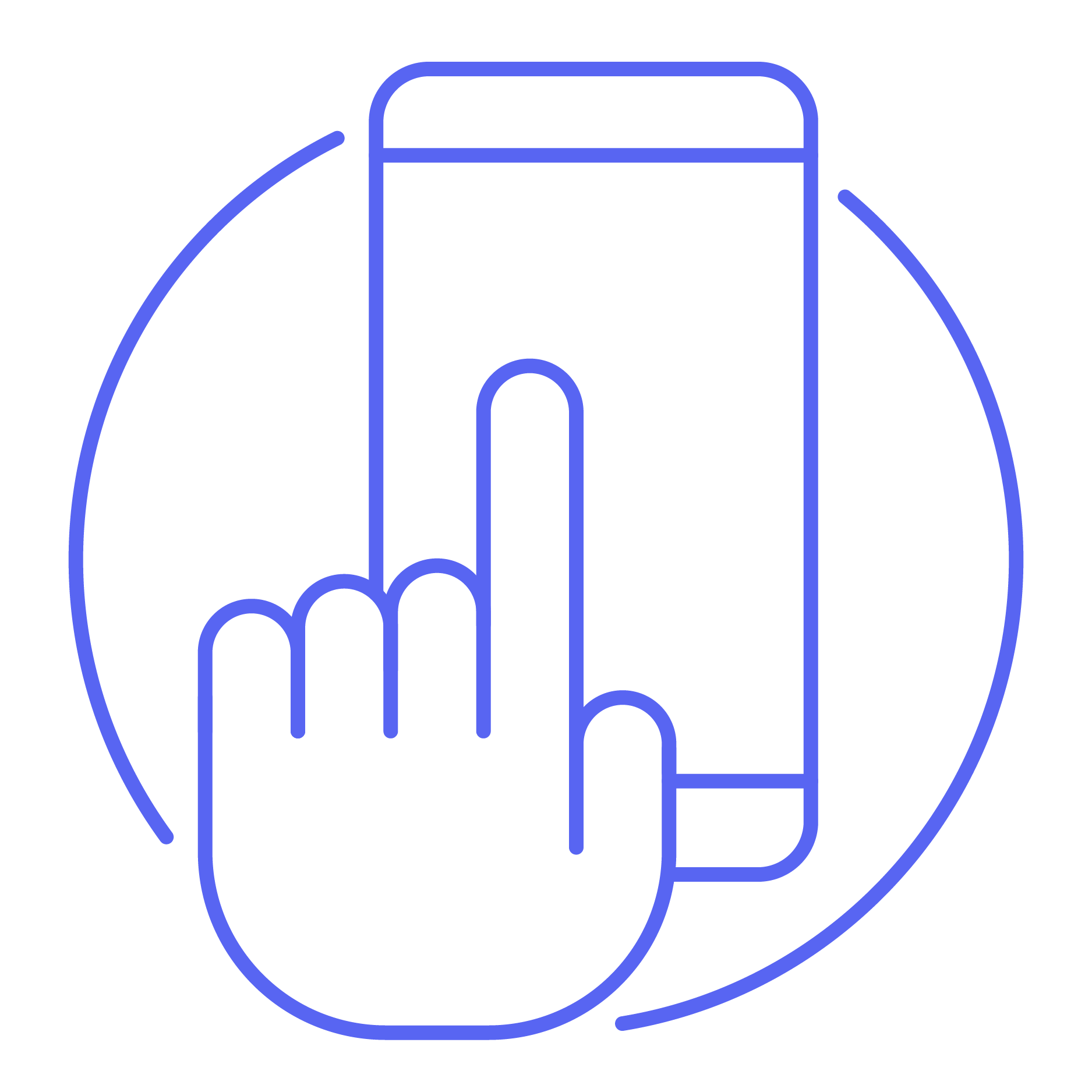Digital line art of a hand touching a smartphone screen within a circular line