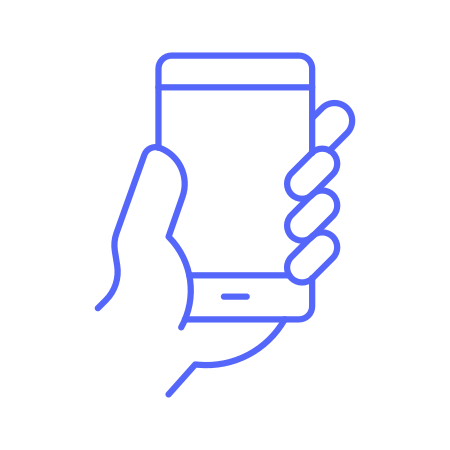 Line drawing of a hand holding a smartphone.
