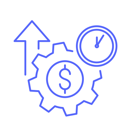 Blue line illustration of a gear with a dollar sign, an upward arrow, and a clock indicating time.