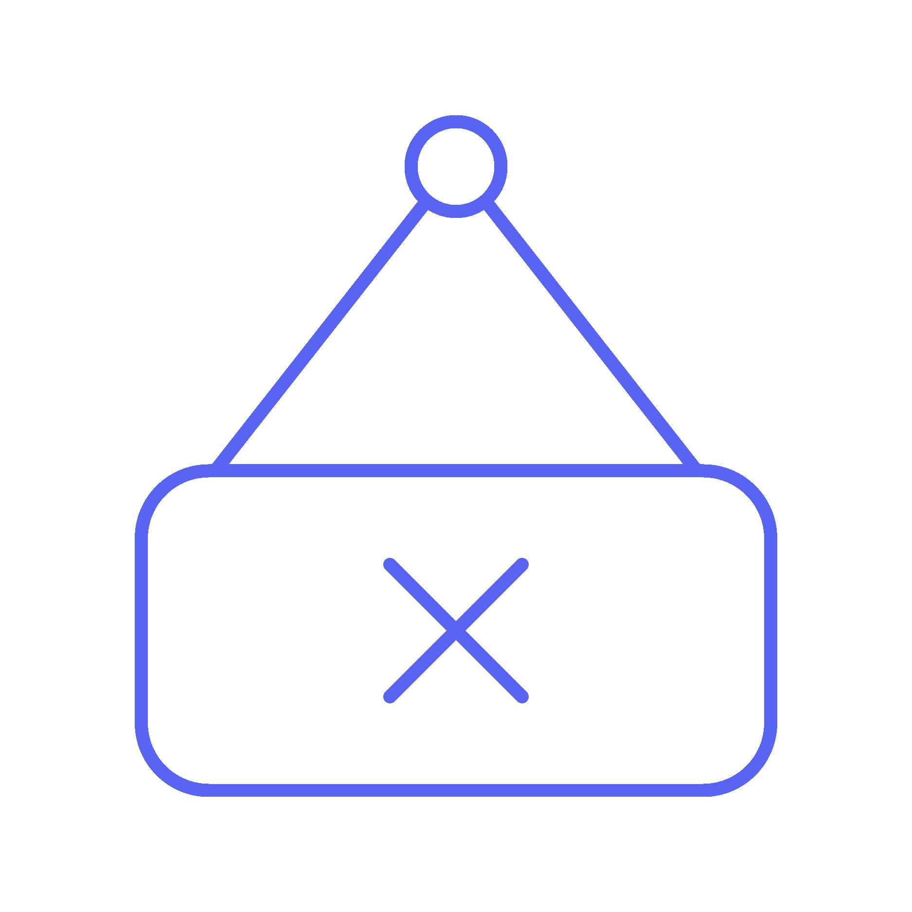 Outline of a hanging sign with an 'X' in the center, connected by a string to a small circle at the top.