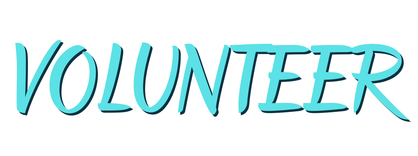 Stylized text reading "VOLUNTEER" in light blue with a 3D shadow effect.