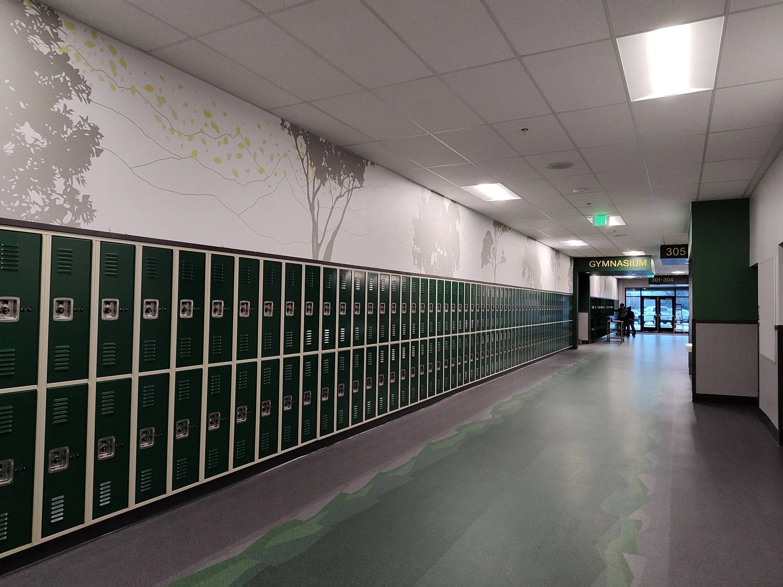 Newly renovated school hallway with biophilic design elements in Boise, Idaho.