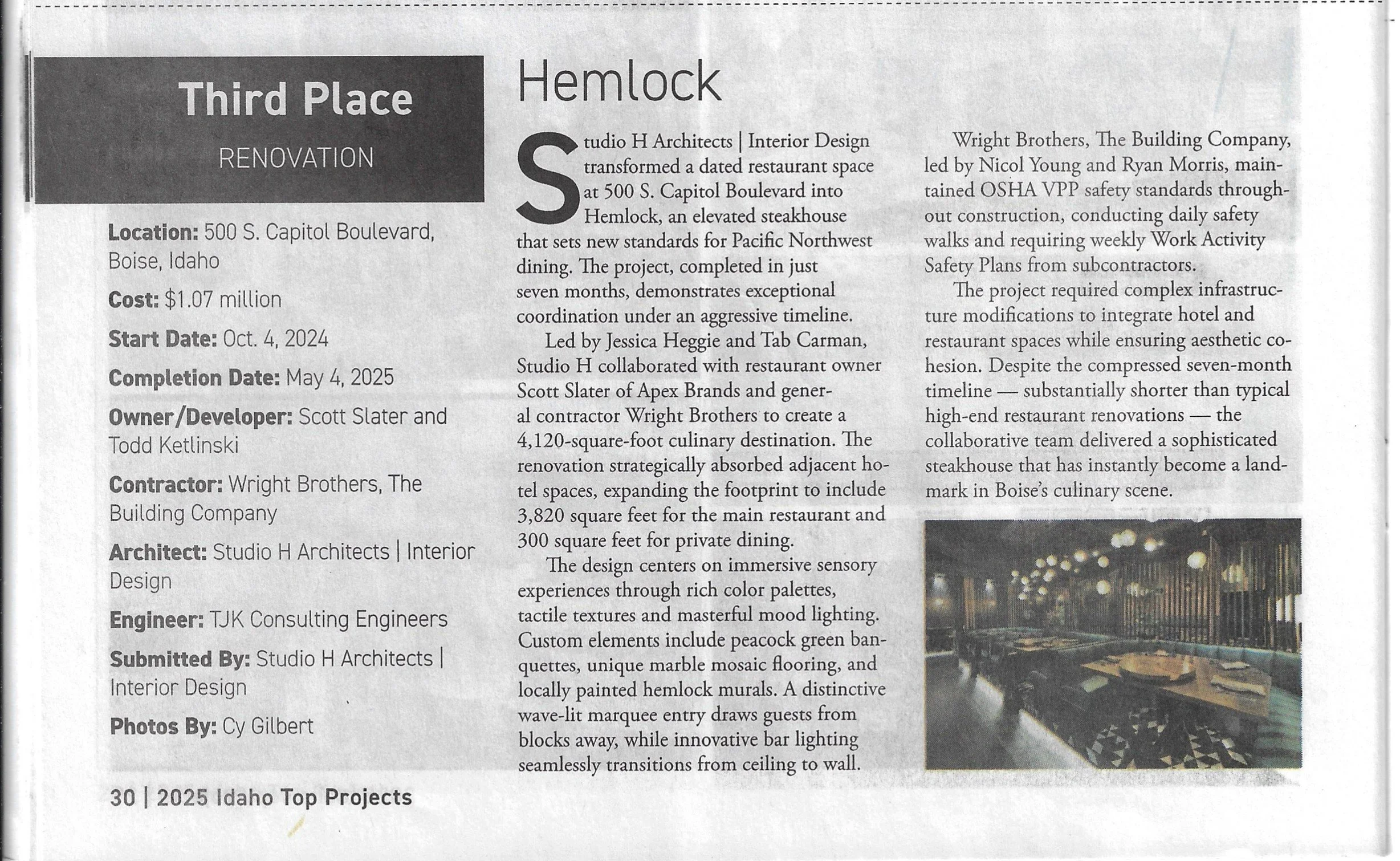 Hemlock Restaurant takes award for Top Renovation of 2025