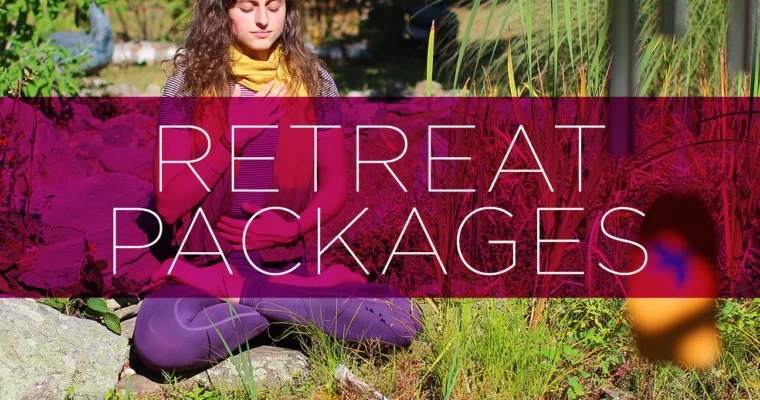 A woman sitting on rocks near water surrounded by plants with the words "Retreat Packages" overlaid in pink text across the center.